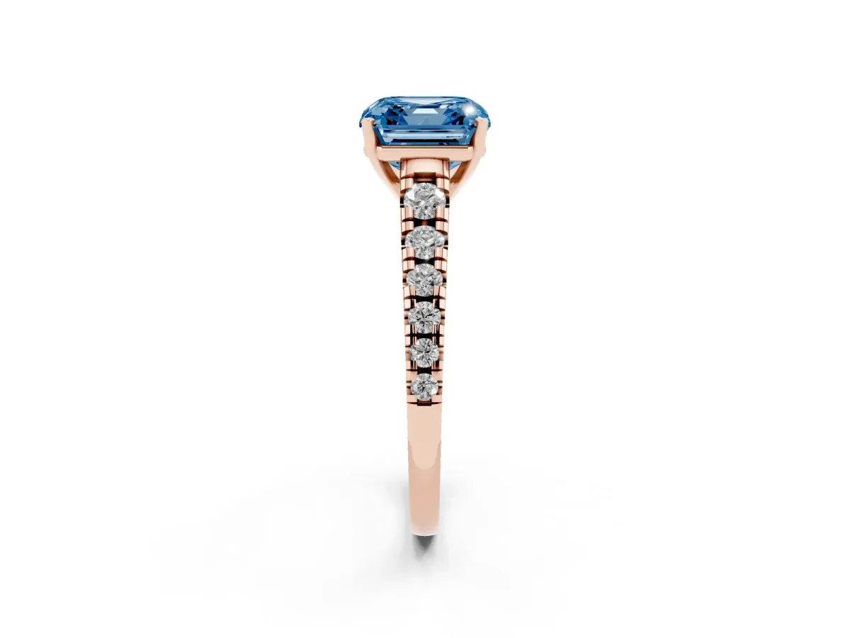 Fancy Blue Asscher Cut Diamond Cathedral Solitaire Ring with Round Pavé Band Rose gold