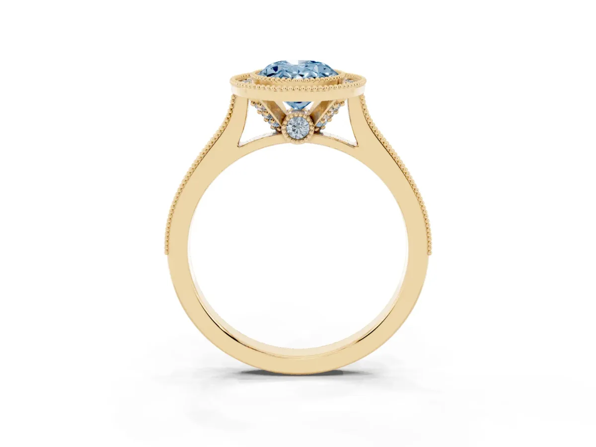 Fancy Blue Halo Oval Cut-Cut Diamond Pave Band Milgrain Prong Setting Ring Yellow gold
