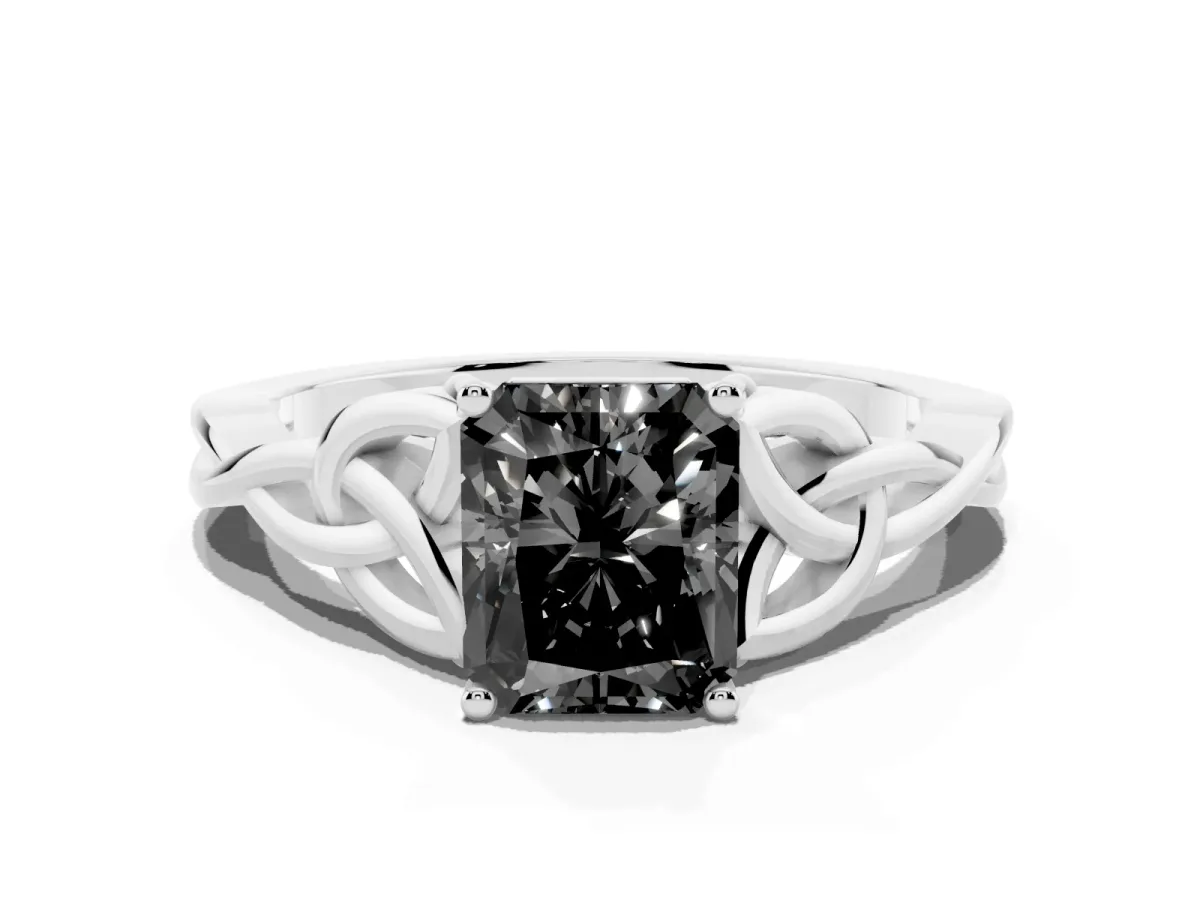Fancy Black Radiant Cut Diamond Solitaire Engagement Ring with Celtic Knot Band and Four-Prong Setting White gold