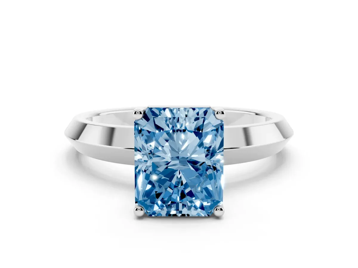 Fancy Blue Radiant Cut Cut Solitaire Engagement Ring with Flat Band and Four-Prong Setting Silver