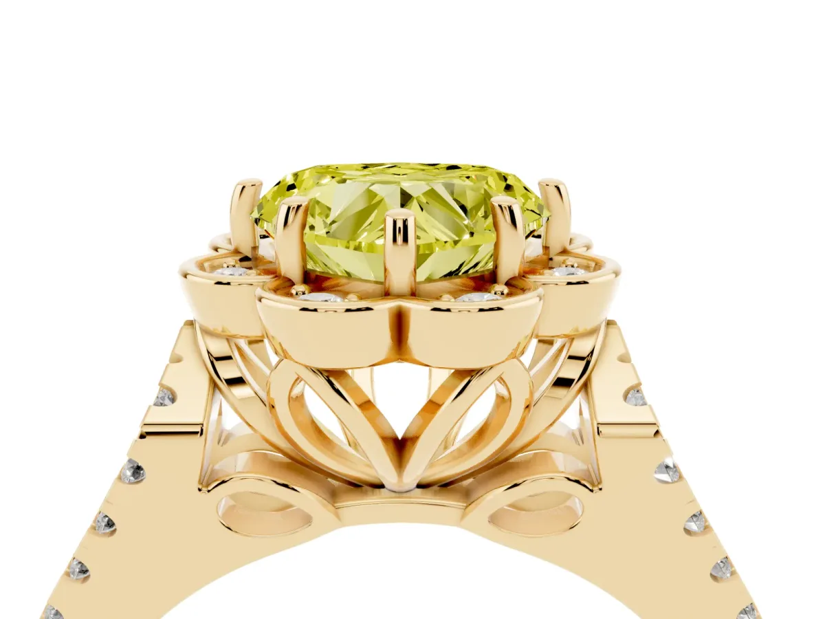 Fancy Yellow Heart Cut Halo Diamond Floral Split Shank Engagement Ring Yellow gold