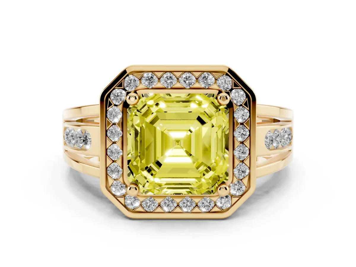 Fancy Yellow Asscher Cut Diamond Halo Ring with Split Shank and Bezel Accents and Prong Setting Yellow gold