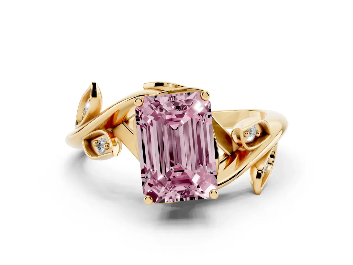 Fancy Pink Emerald Cut Solitaire Twist Engagement Ring with Leaf Accents and Prong Setting Yellow gold