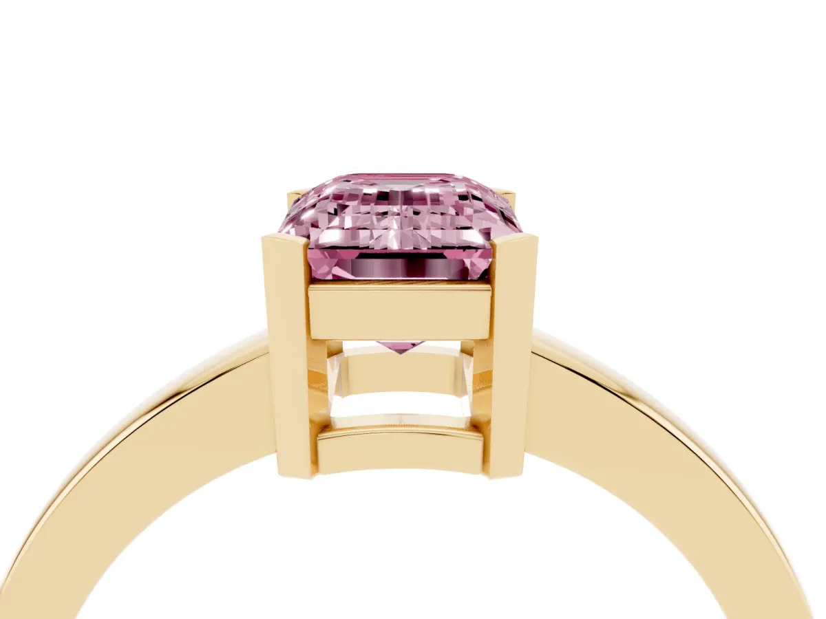 Fancy Pink Emerald Cut Cut Solitaire Ring with Four-Prong Setting and Classic Band Yellow gold