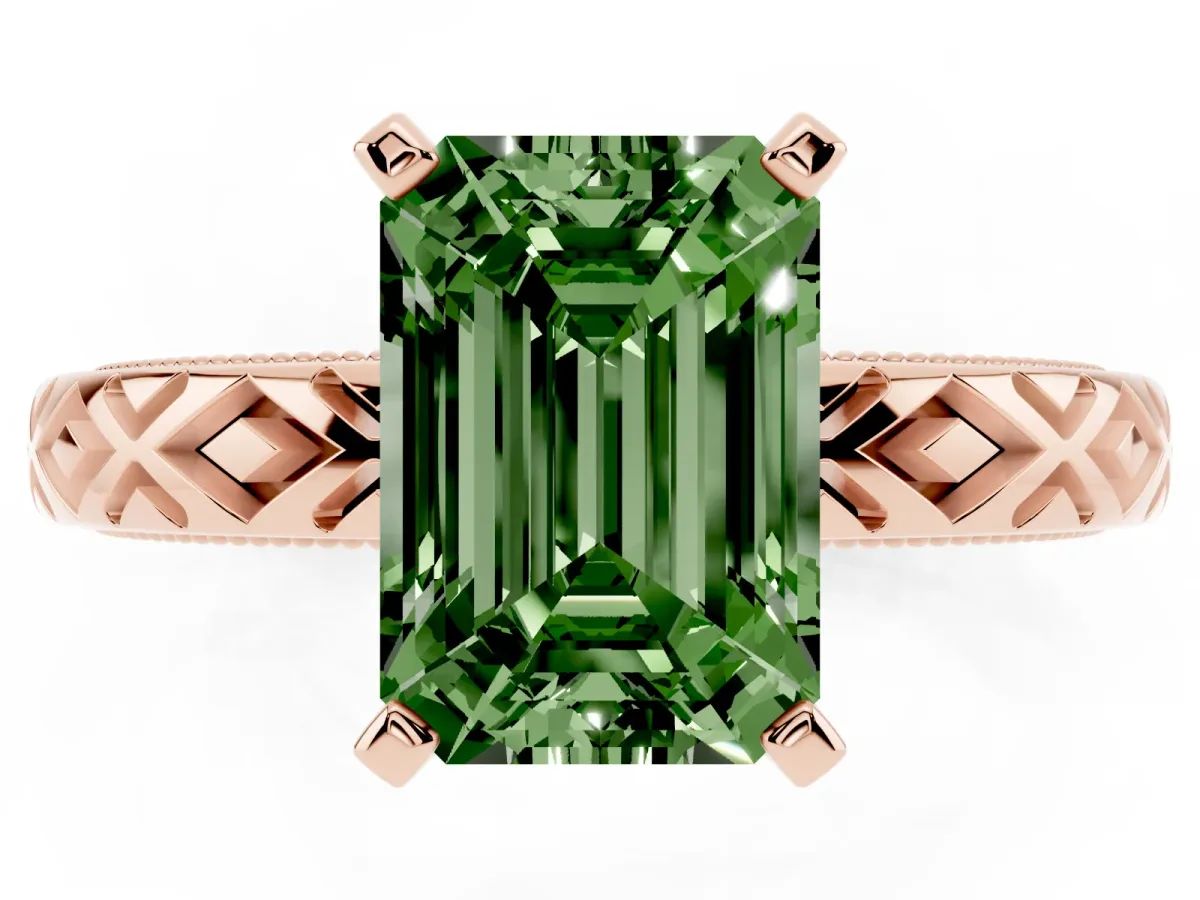 Fancy Green Emerald Cut Solitaire Diamond Ring with Milgrain and Black Enamel X Pattern Band Rose gold