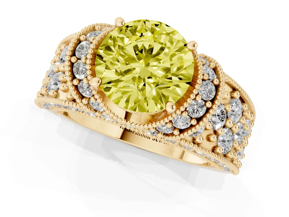Fancy Yellow Round Cut Halo Pave Diamond Engagement Ring with Milgrain Detailing Yellow gold