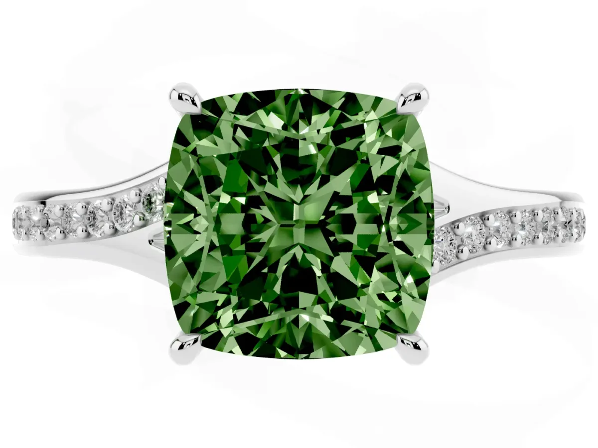 Fancy Green Cushion Cut Diamond Solitaire Ring with Pavé Band and Prong Setting Silver