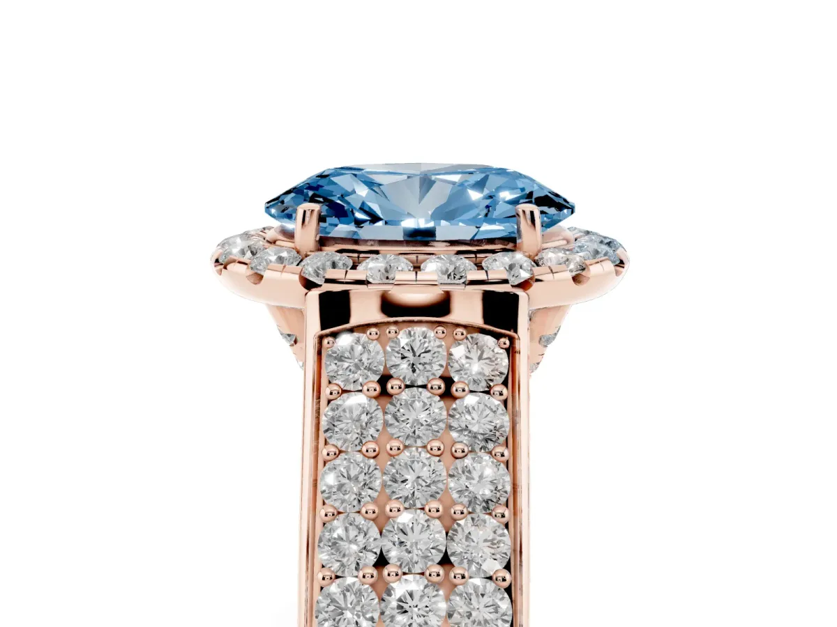 Fancy Blue Oval Cut Halo Round Diamond Pave Band with Prong Setting Rose gold