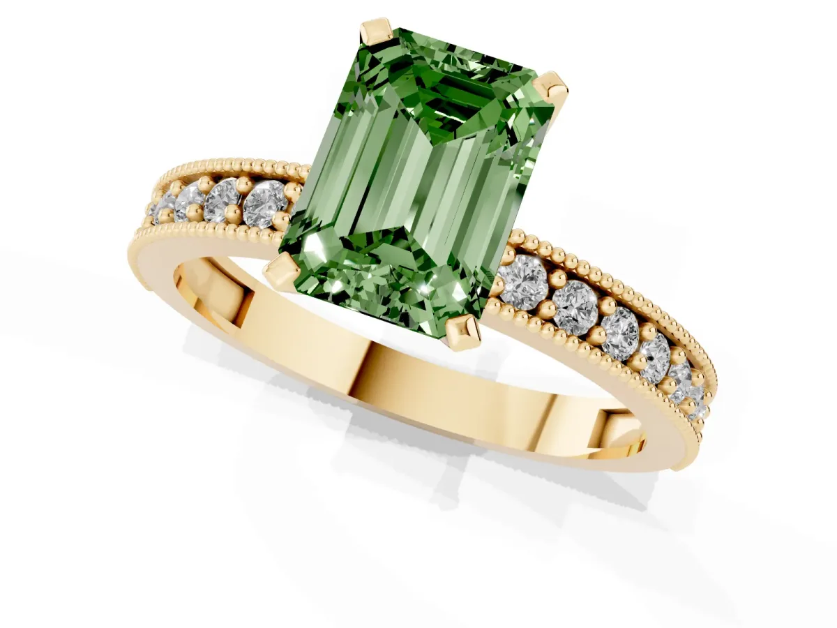 Fancy Green Emerald Cut Diamond Milgrain Pavé Engagement Ring with Four-Prong Setting Yellow gold