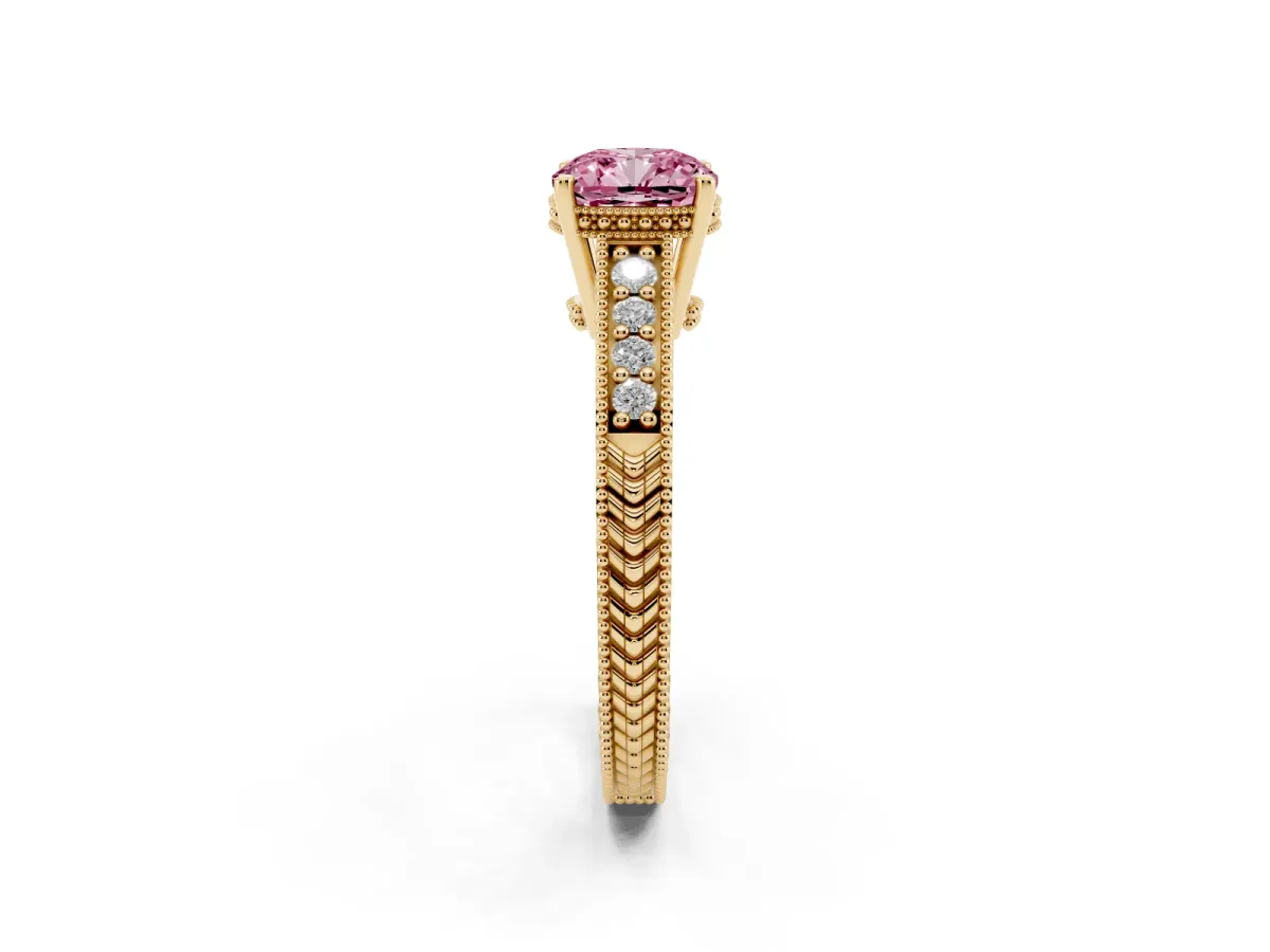 Fancy Pink Cushion Cut Solitaire Pavé Diamond Milgrain Engagement Ring with Four-Prong Setting Yellow gold