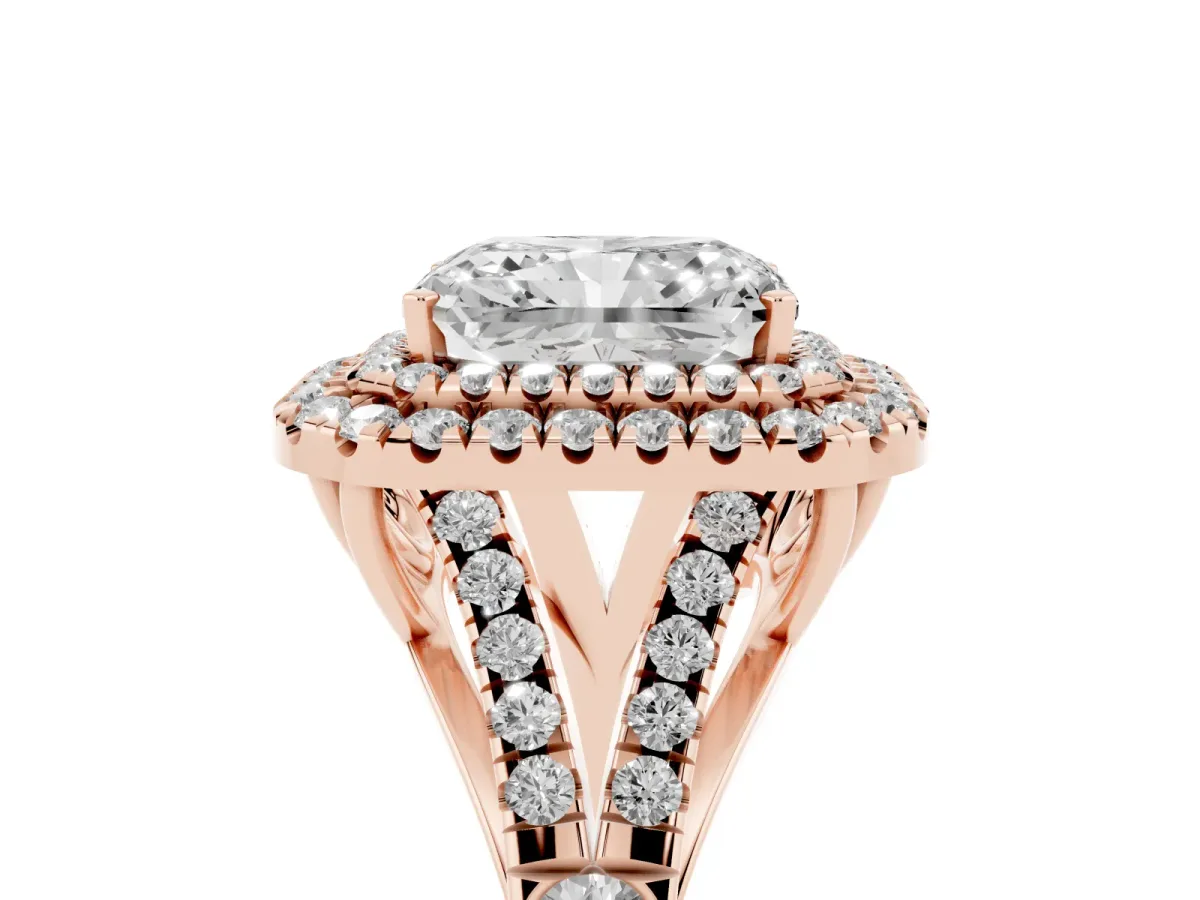 Radiant Cut Diamond Double Halo Ring with Split Shank and Prong Setting Rose gold