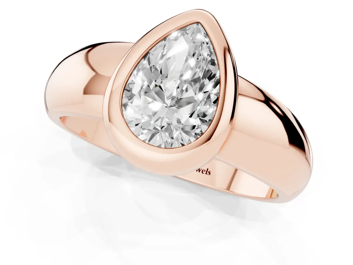 Bezel Set Pear Cut Solitaire Ring with Wide Band Rose gold