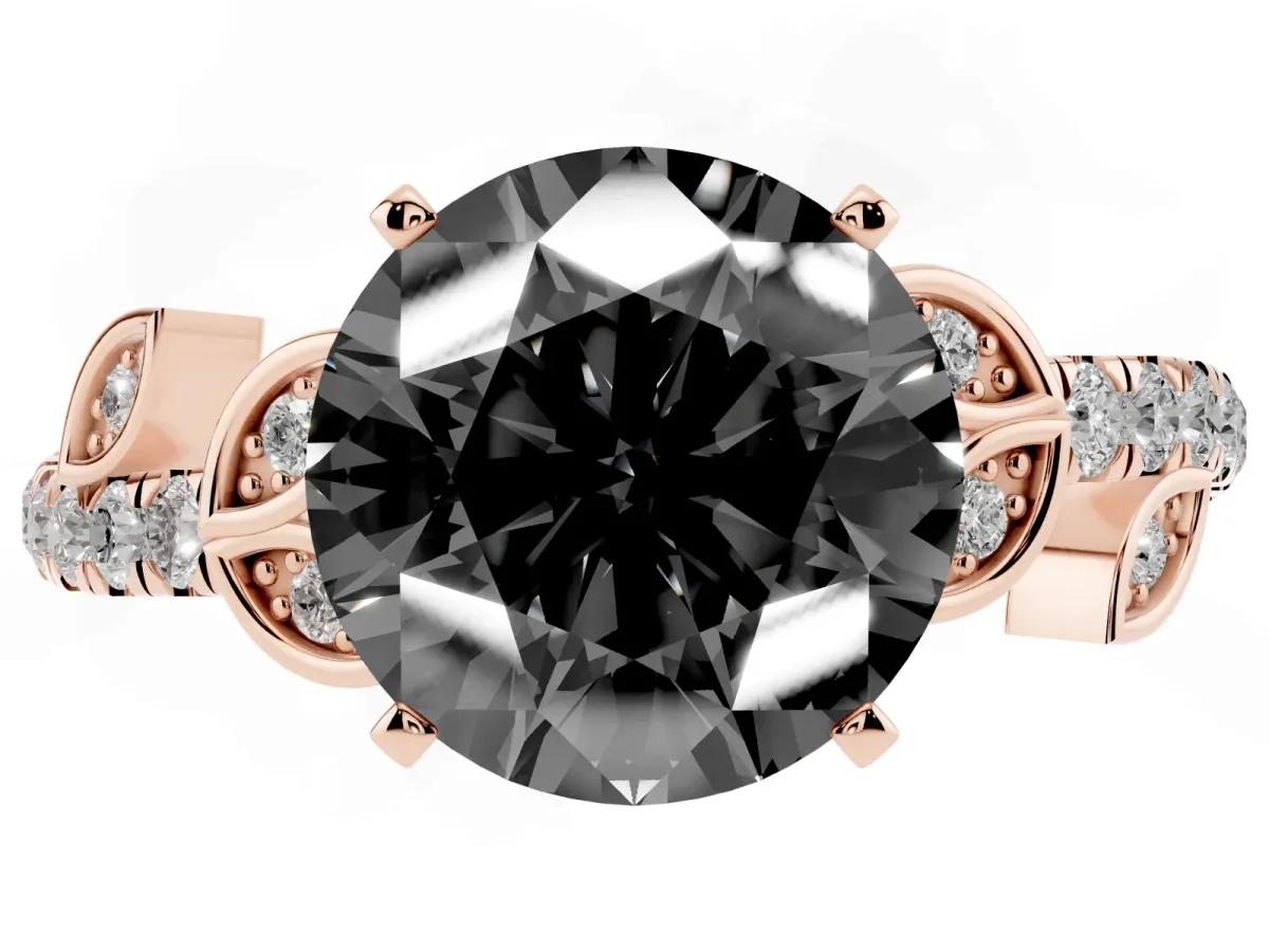 Fancy Black Round Cut Solitaire Leaf-Inspired Diamond Ring with Pavé Band and Four-Prong Setting Rose gold