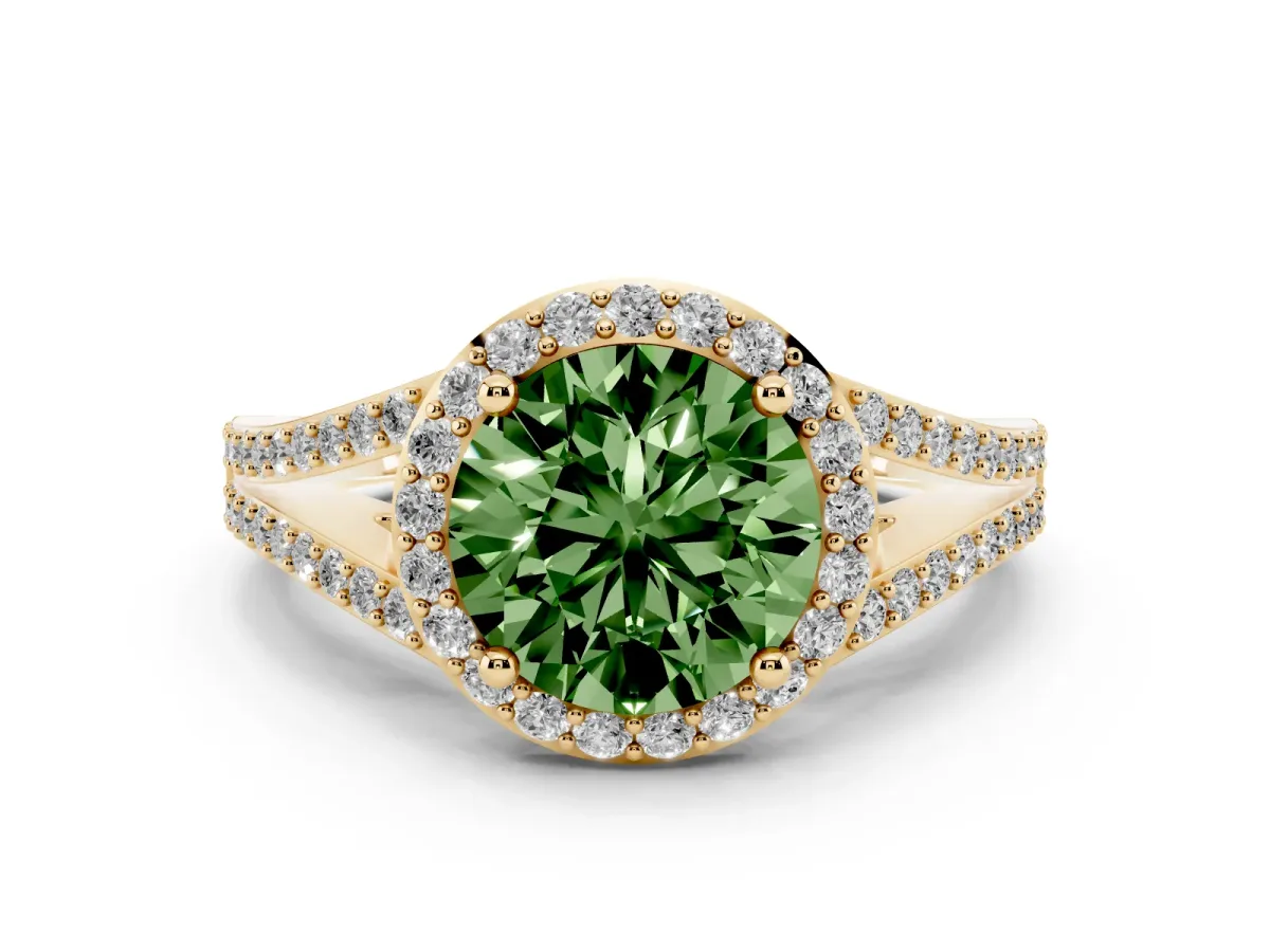 Fancy Green Round Cut Halo Split Shank Diamond Ring with Prong Setting Yellow gold