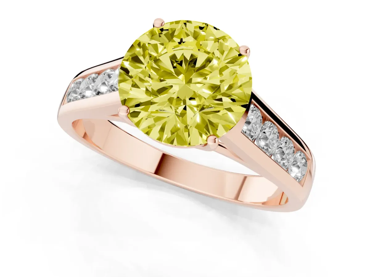 Fancy Yellow Round Cut Solitaire Channel-Set Diamond Engagement Ring with Four-Prong Setting Rose gold