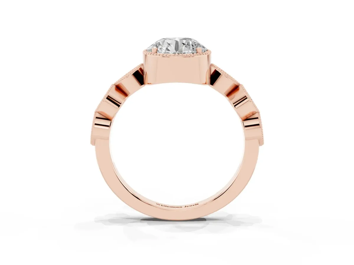 Round Cut Diamond Vintage Milgrain Ring with Round Stations Rose gold