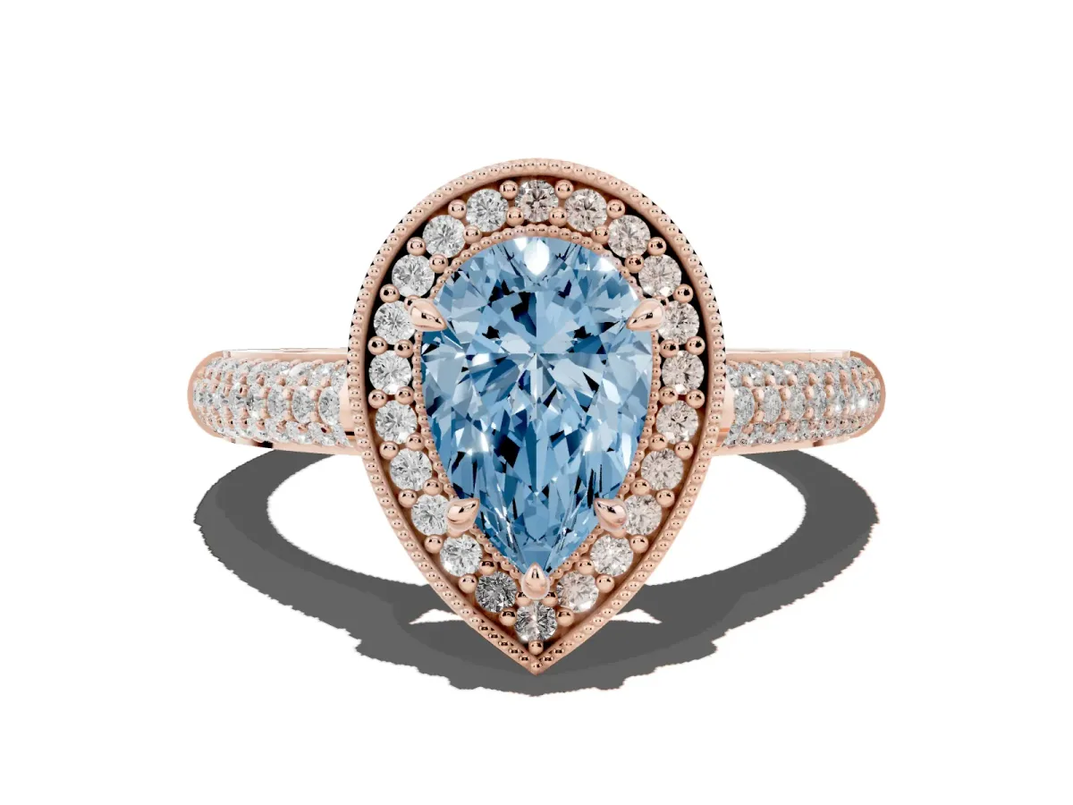 Fancy Blue Pear Cut Cut Halo Diamond Pave Band with Four-Prong Setting Rose gold