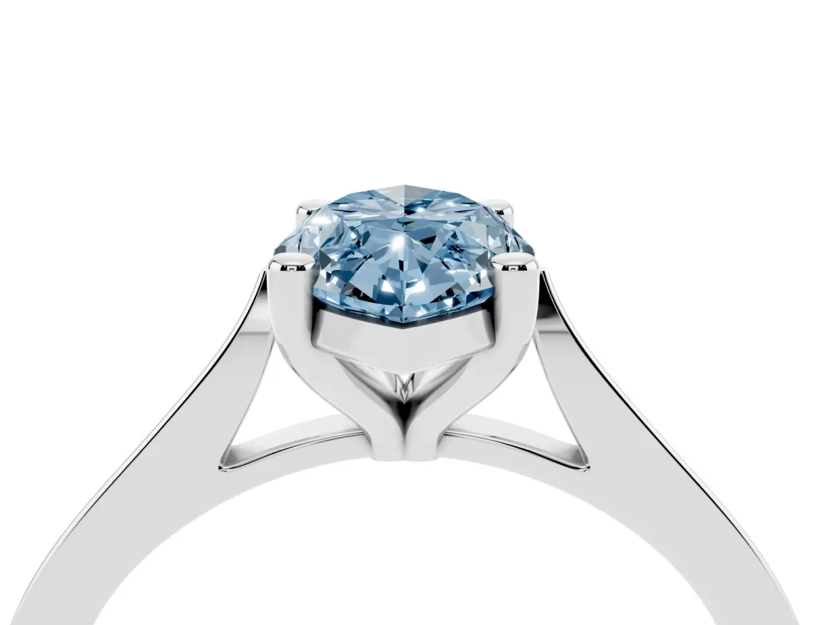 Fancy Blue Marquise Cut Solitaire Diamond Ring with Four-Prong Setting and Tapered Band Platinum