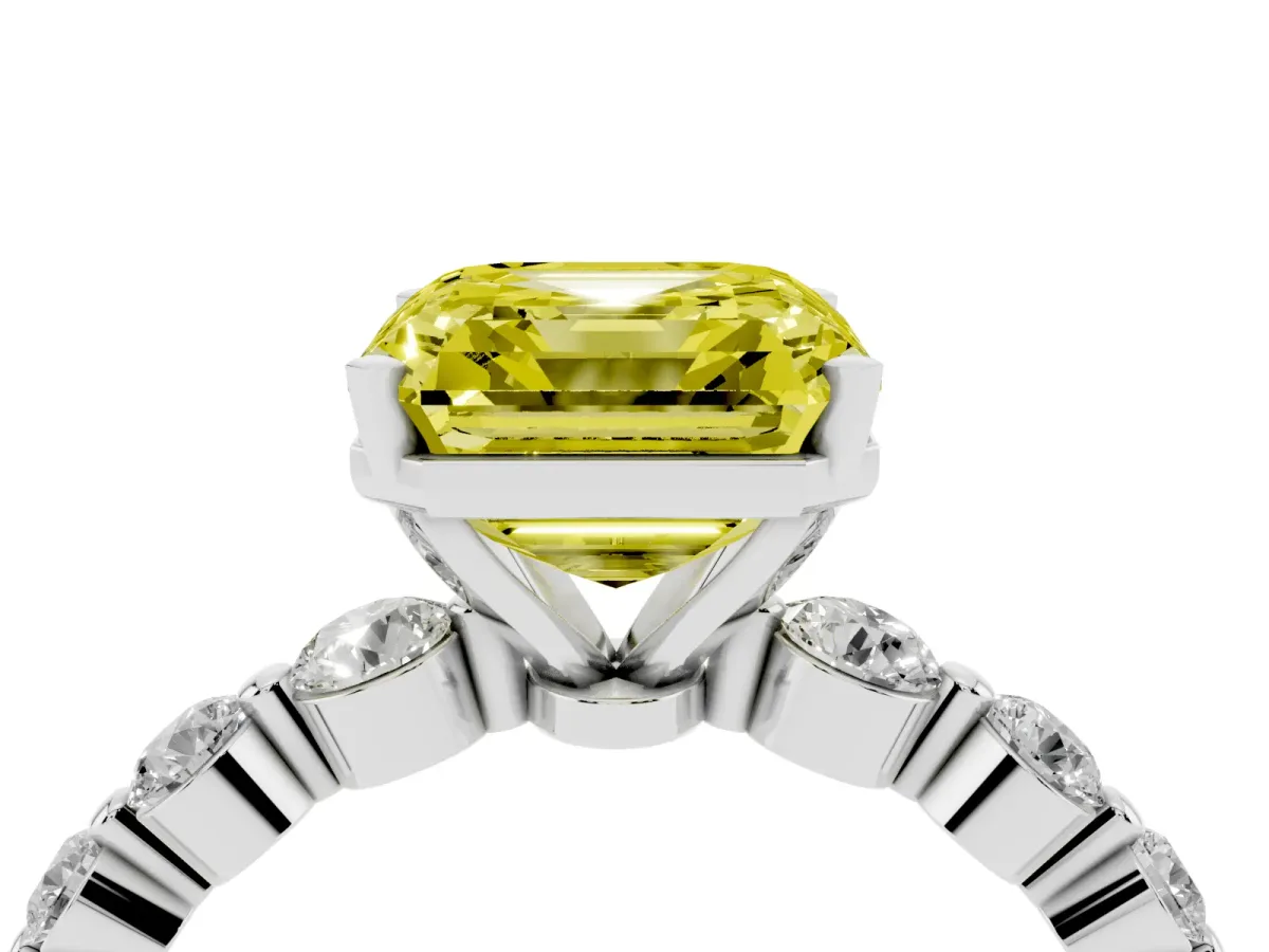 Fancy Yellow Asscher Cut Solitaire Diamond Ring with Pave Band and Four-Prong Setting Silver