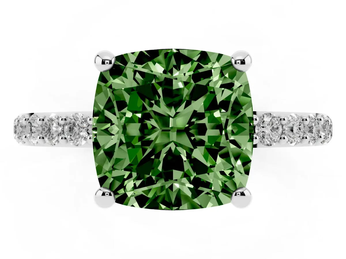 Fancy Green Cushion Cut Diamond Solitaire Ring with Round Pavé Band and Prong Setting Platinum