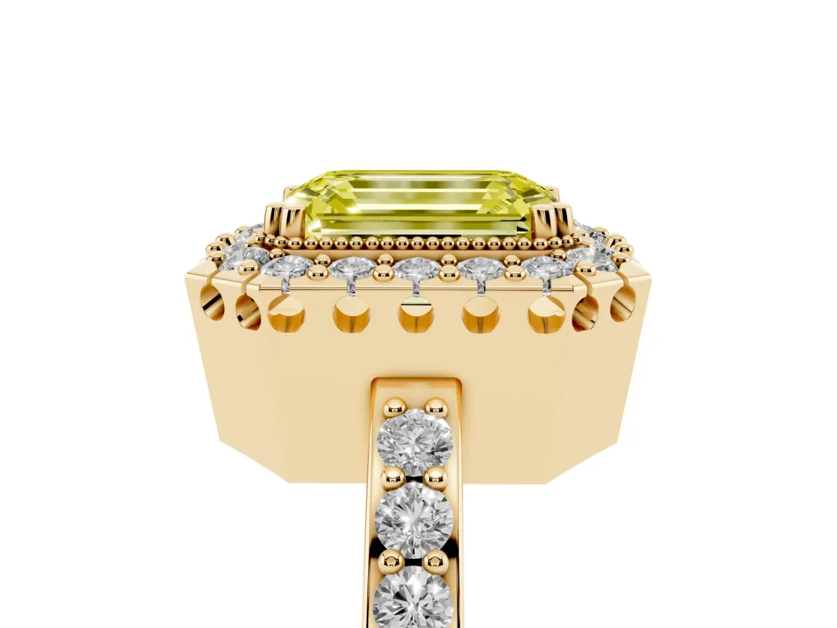 Fancy Yellow Emerald Cut Diamond Halo Ring with Pavé Band and Prong Setting Yellow gold