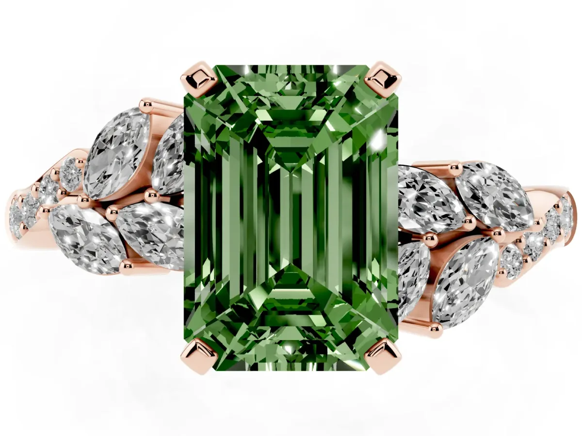Fancy Green Emerald Cut Solitaire Marquise Twist Band with Six-Prong Setting Rose gold