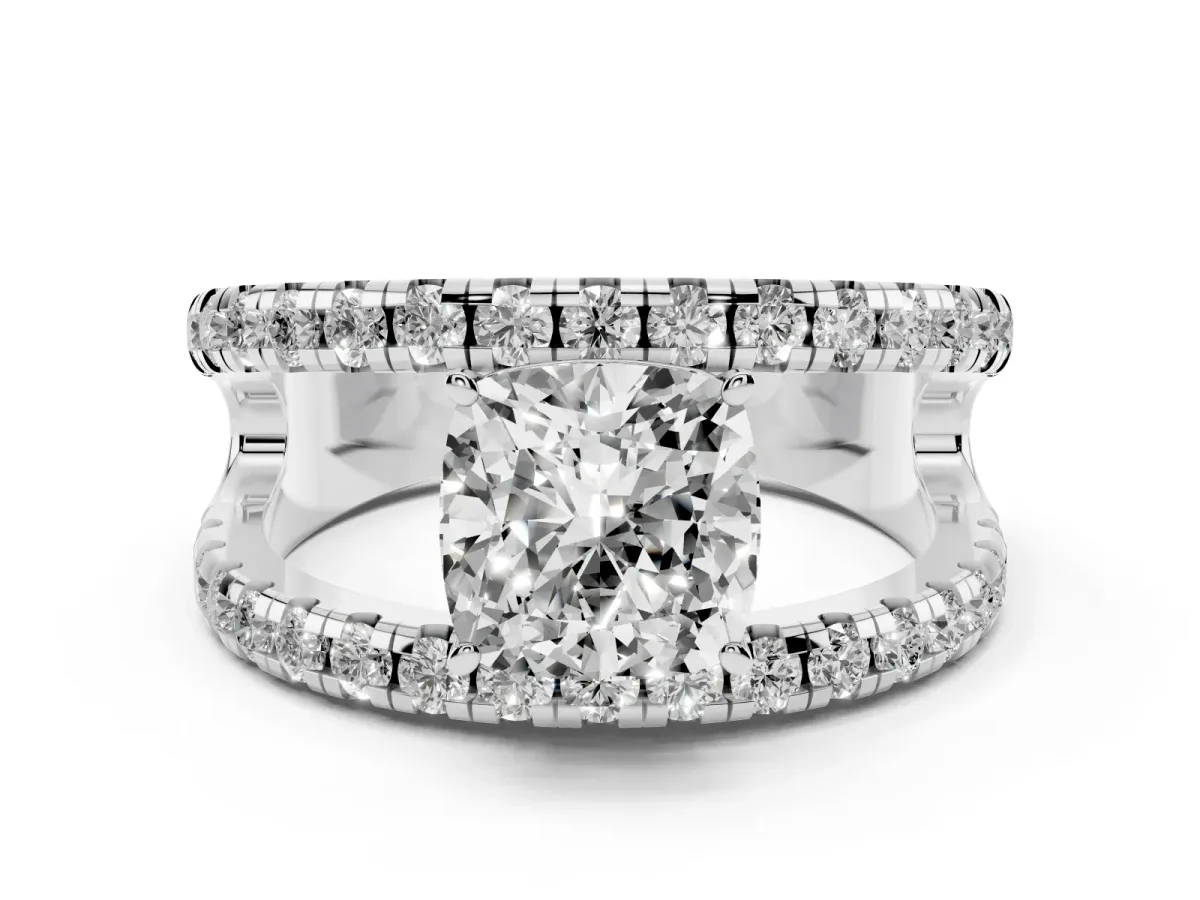 Cushion Cut Solitaire Split Shank Pave Diamond Ring Platinum