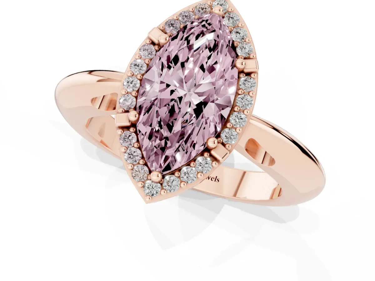 Fancy Pink Marquise Cut Cut Diamond Halo Engagement Ring with Split Shank and Four-Prong Setting Rose gold