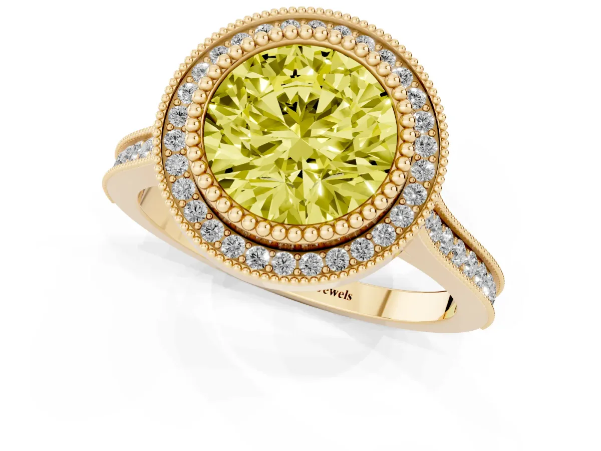 Fancy Yellow Round Cut Diamond Halo Ring with Milgrain Frame and Pavé Band Yellow gold