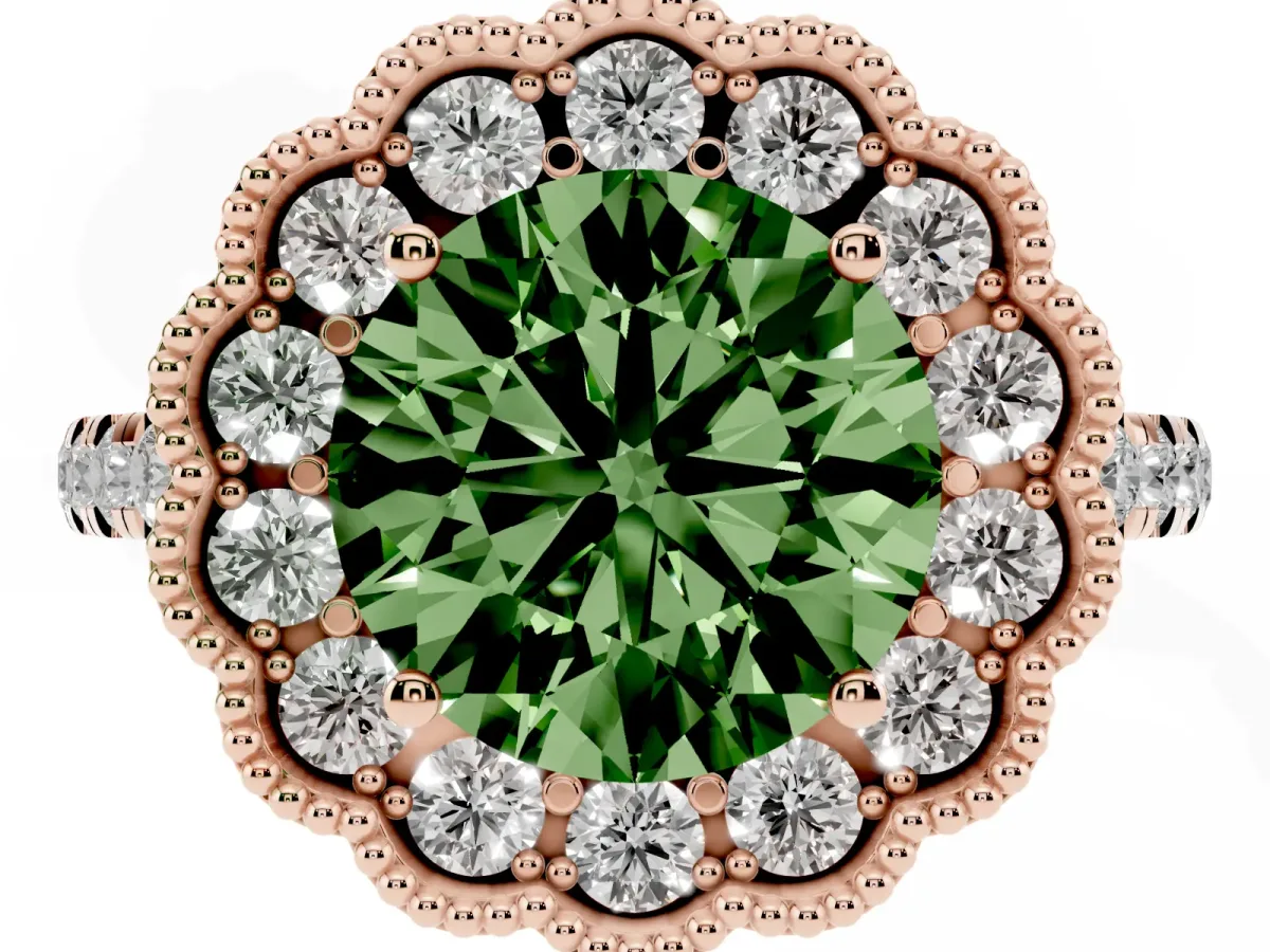 Fancy Green Round Cut Cut Diamond Milgrain Floral Halo Engagement Ring with Pavé Band Rose gold