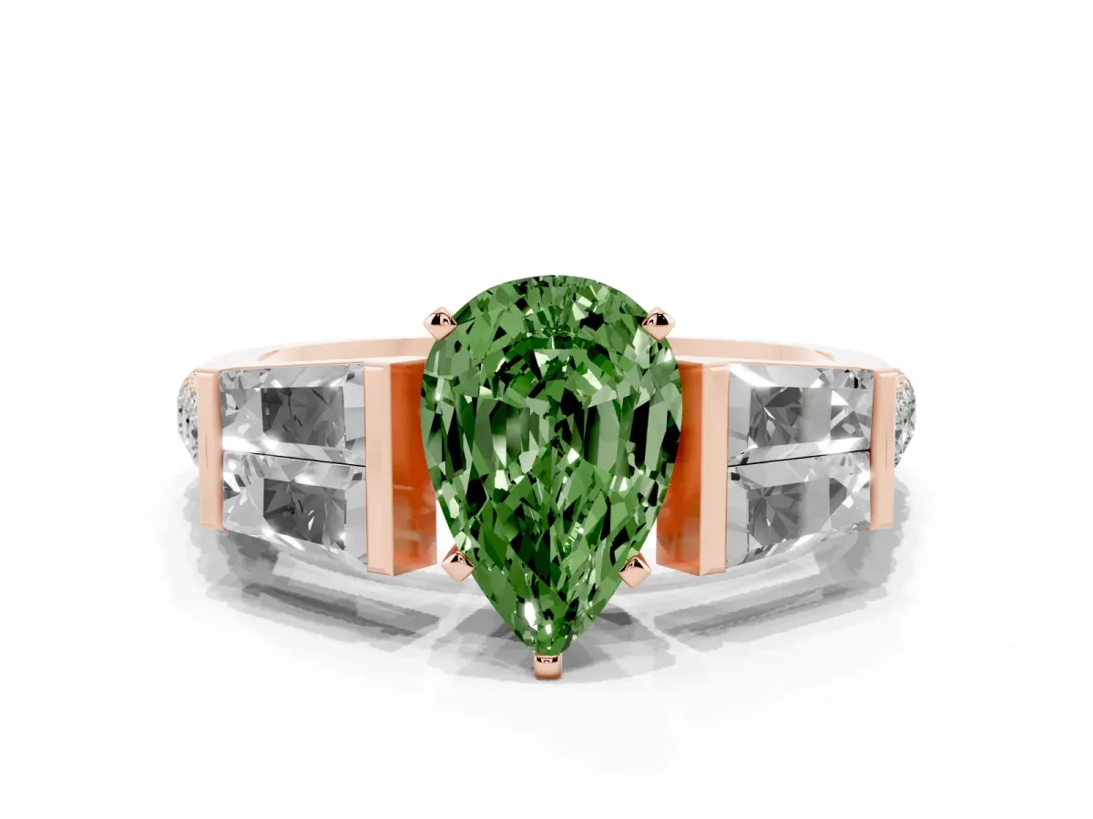 Fancy Green Pear Cut Diamond Engagement Ring with Baguette Side Stones and Channel Set Band Rose gold
