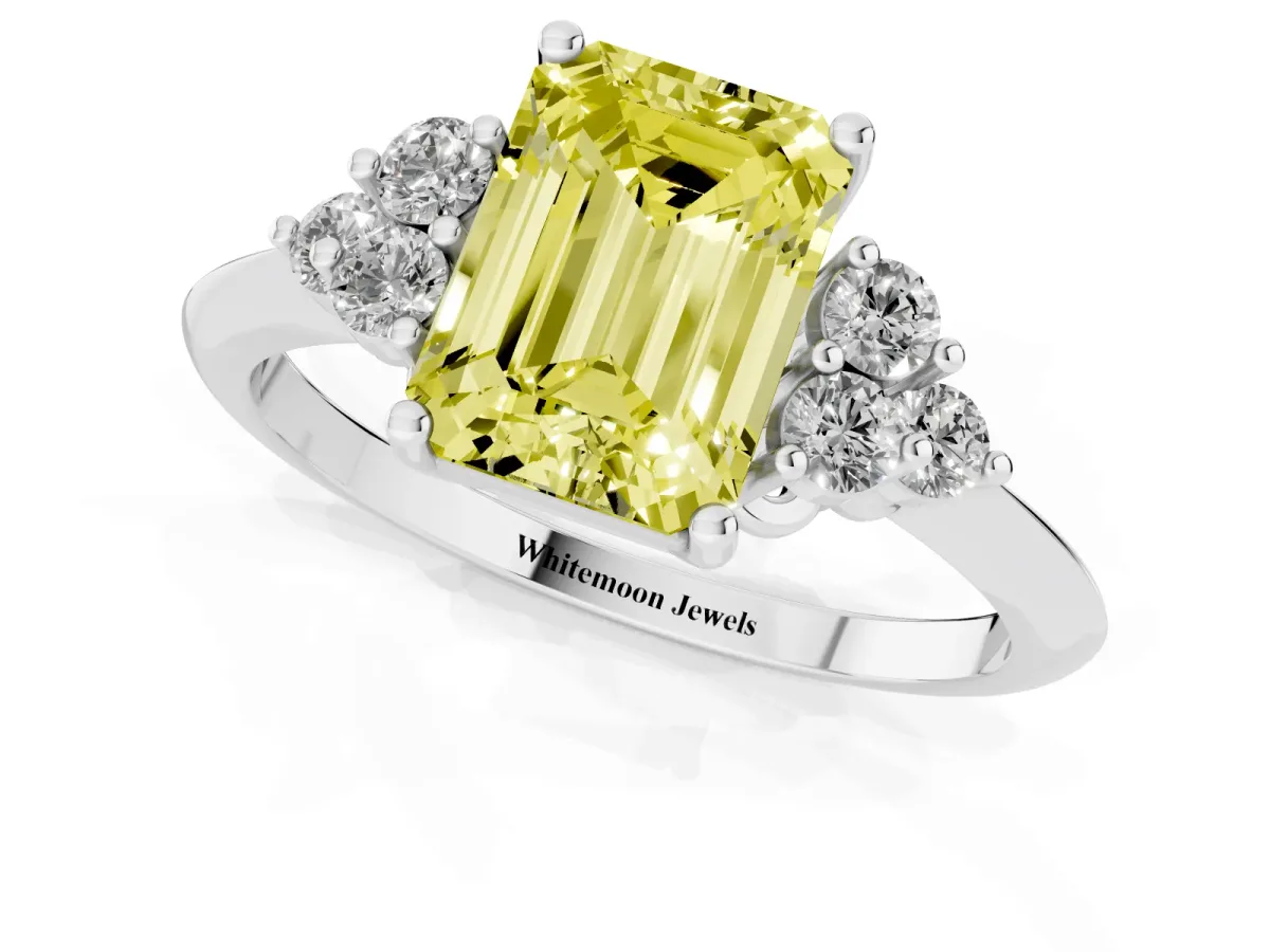 Fancy Yellow Emerald Cut Cut Diamond Cluster Ring with Solitaire Band and Four-Prong Setting Platinum