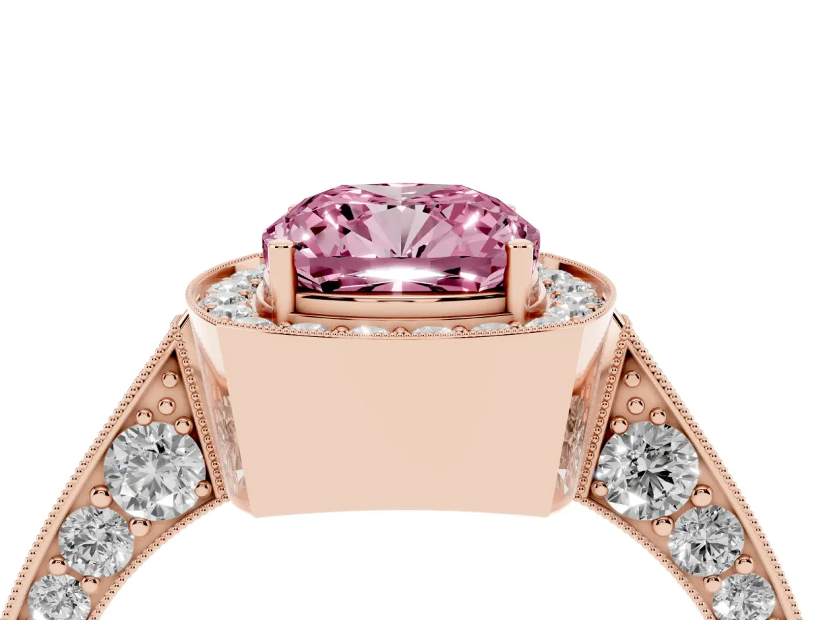 Fancy Pink Cushion Cut Halo Diamond Engagement Ring with Split Shank Band and Four-Prong Setting Rose gold