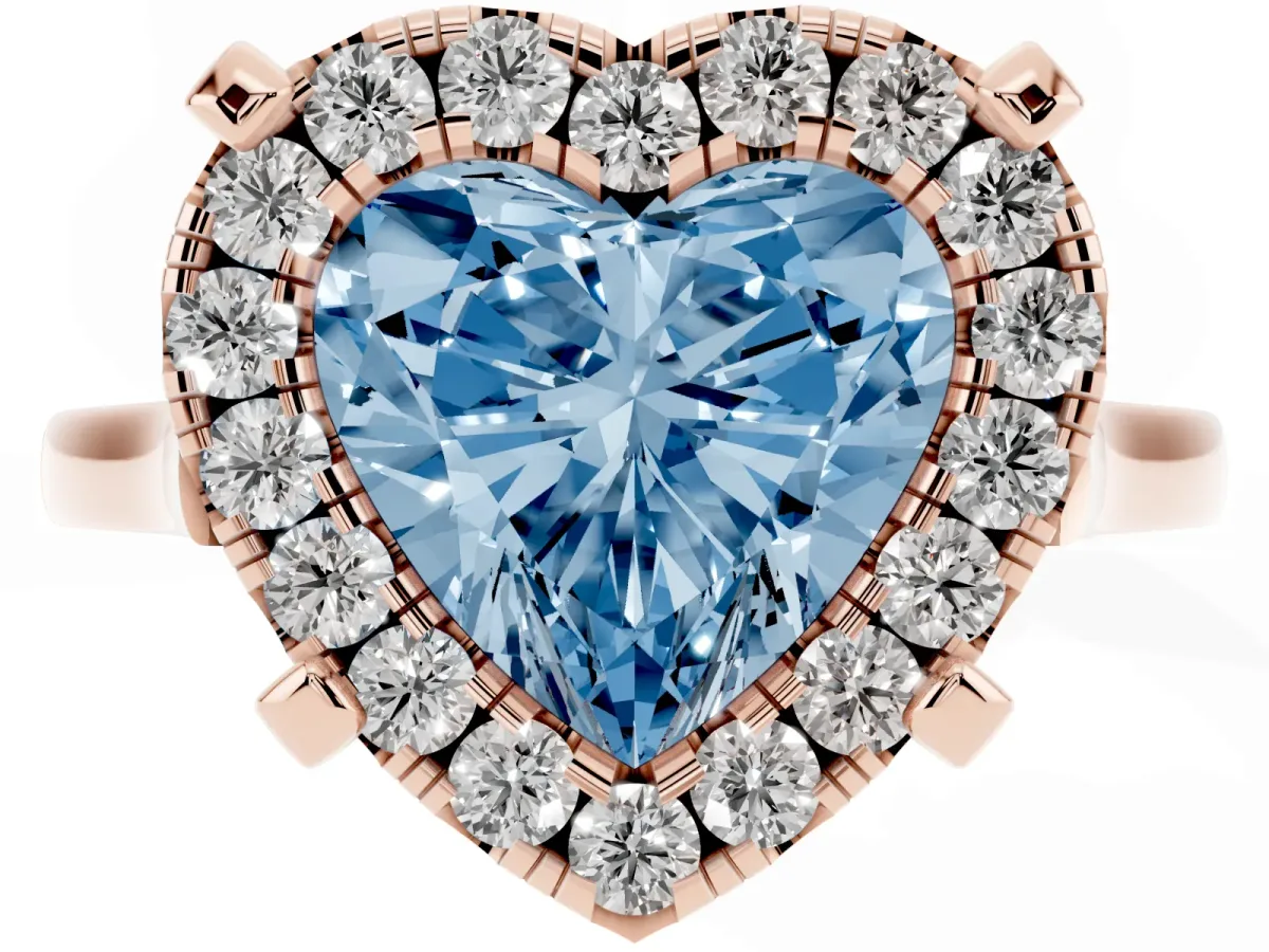 Fancy Blue Heart Cut Diamond Cluster Halo Solitaire with Four-Prong Setting Rose gold