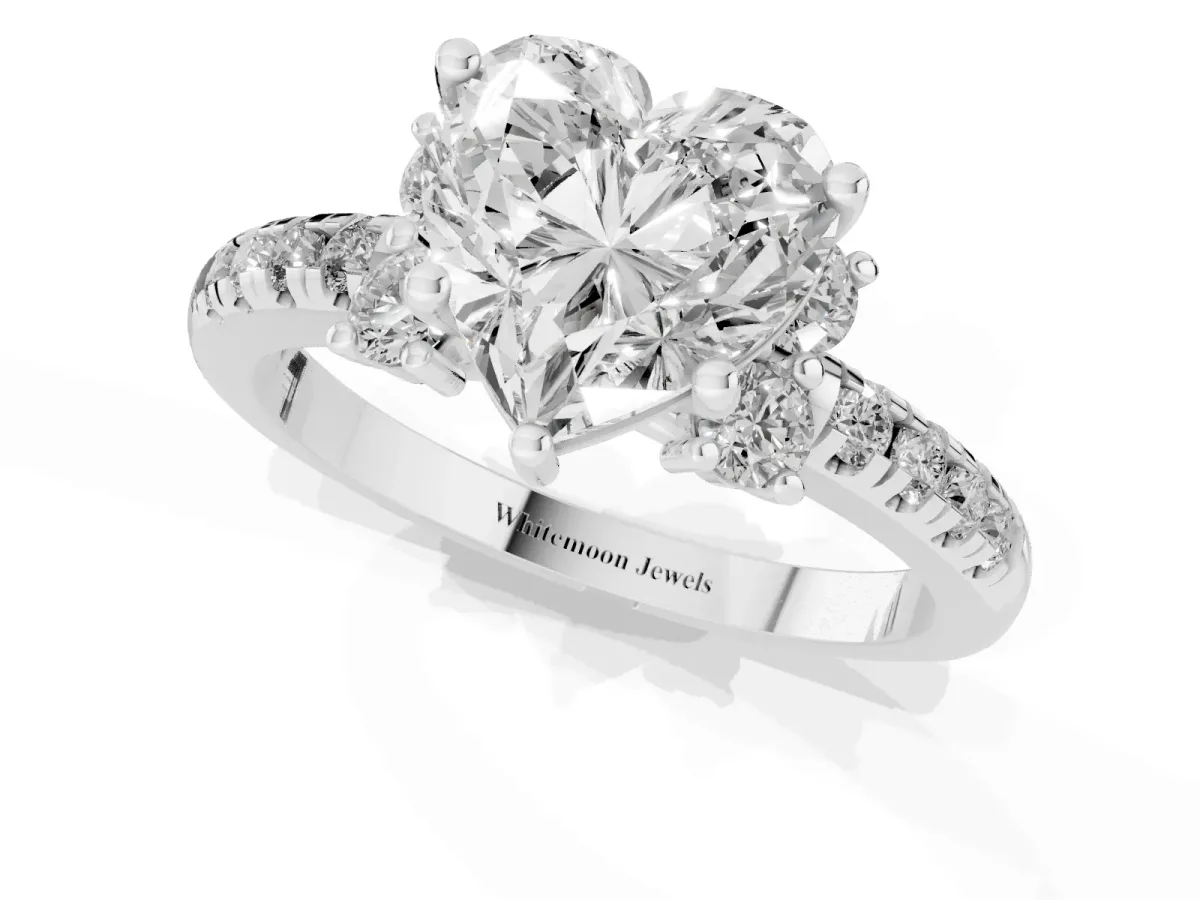 Heart Cut Diamond Three-Stone Pave Band with Four-Prong Setting Silver