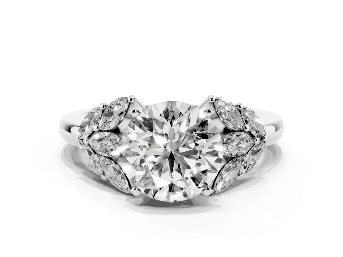 Round Cut Diamond Cluster Leaf Design Ring with Prong Setting Silver