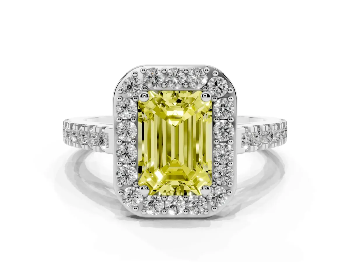 Fancy Yellow Emerald Cut Diamond Halo Ring with Round Pavé Split Shank and Prong Setting Silver