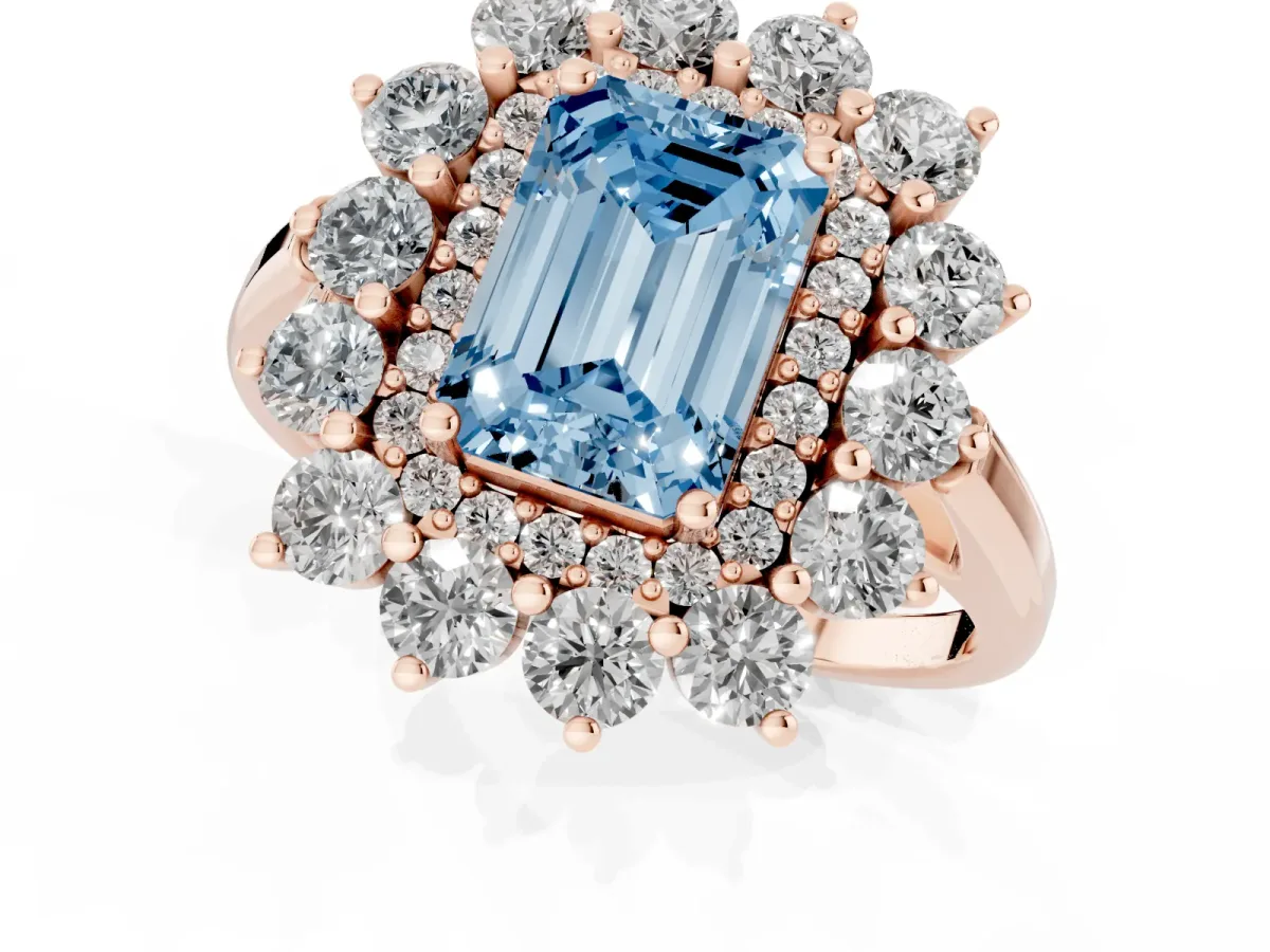 Fancy Blue Emerald Cut Diamond Floral Double Halo Engagement Ring with Prong Setting Rose gold