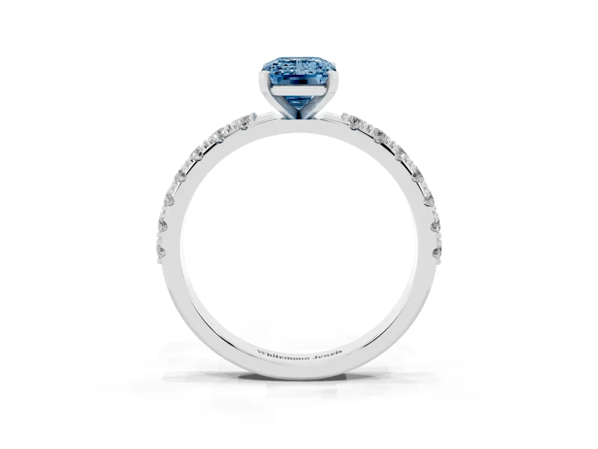 Fancy Blue Emerald Cut Diamond Solitaire Pavé Band with Four-Prong Setting Platinum