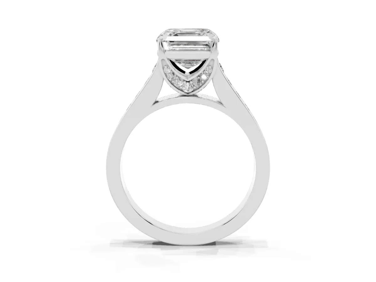Asscher Cut Brilliant Cut Diamond Engagement Ring with Pavé Band and Four-Prong Setting Silver