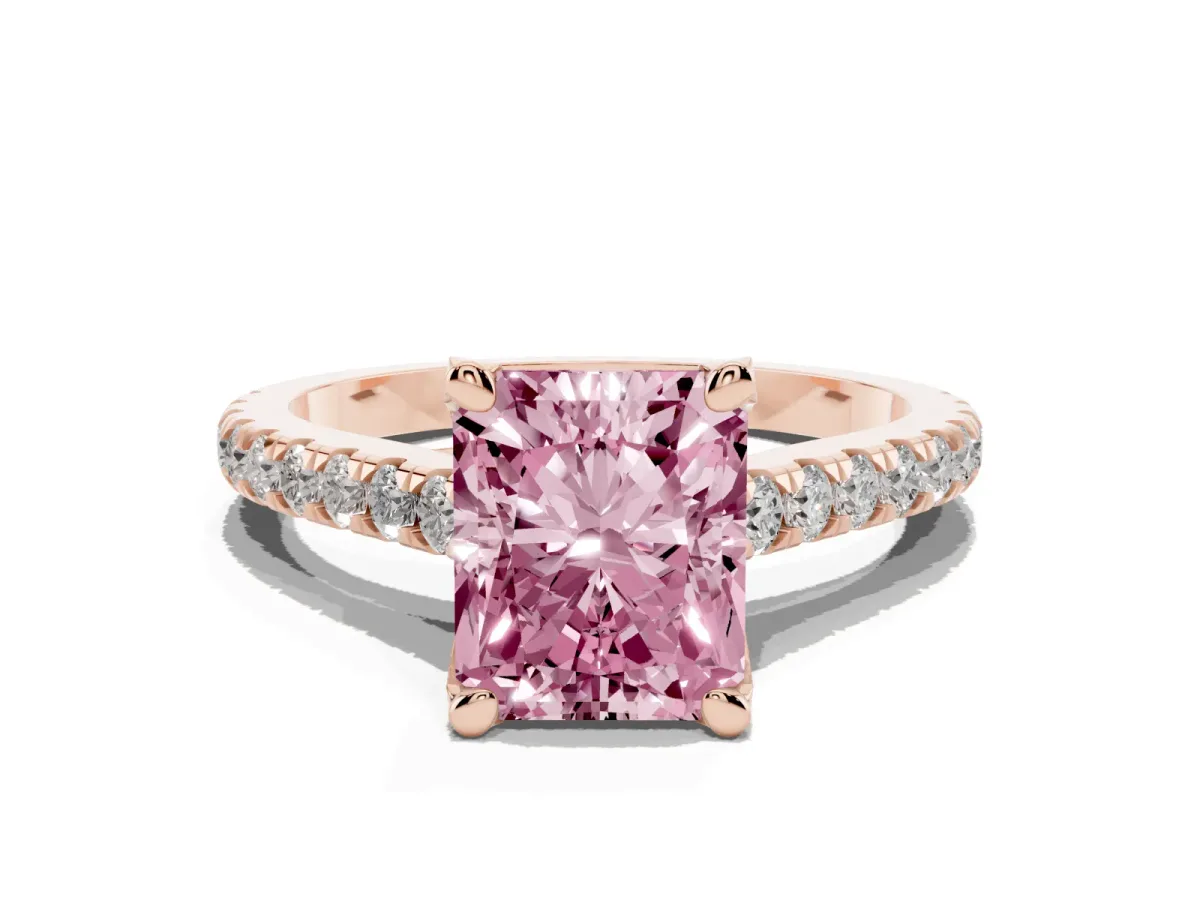 Fancy Pink Radiant Cut Brilliant Diamond Solitaire with Pavé Band and Four-Prong Setting Rose gold