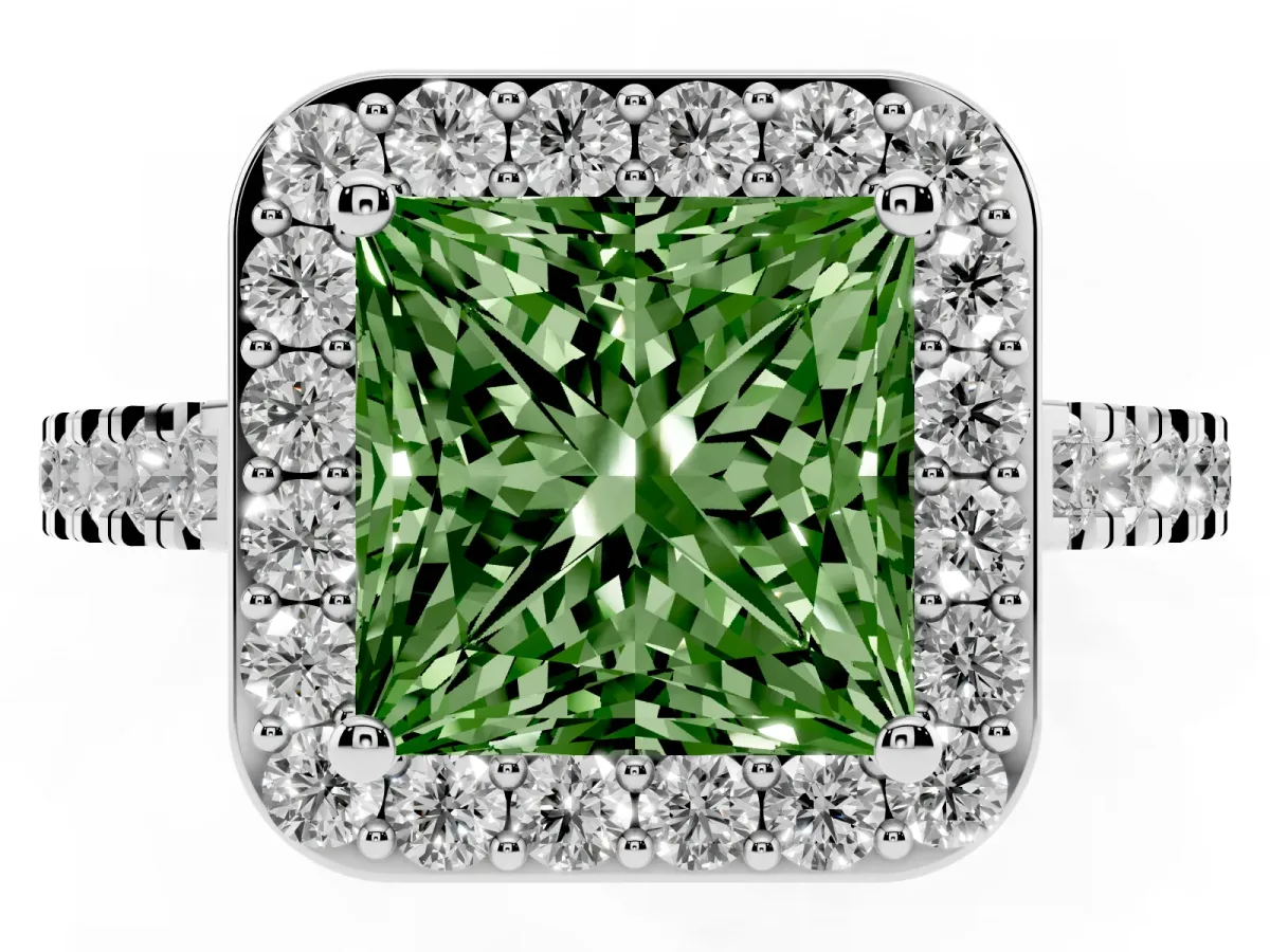 Fancy Green Princess Cut Diamond Halo Ring with Round Pavé Split Shank and Prong Setting White gold