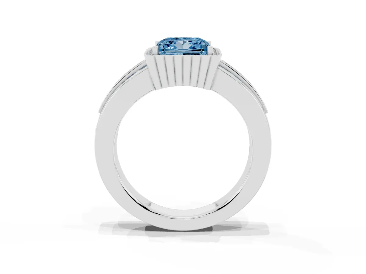 Fancy Blue Princess Cut Cut Halo Pave Band Four-Prong Ring White gold
