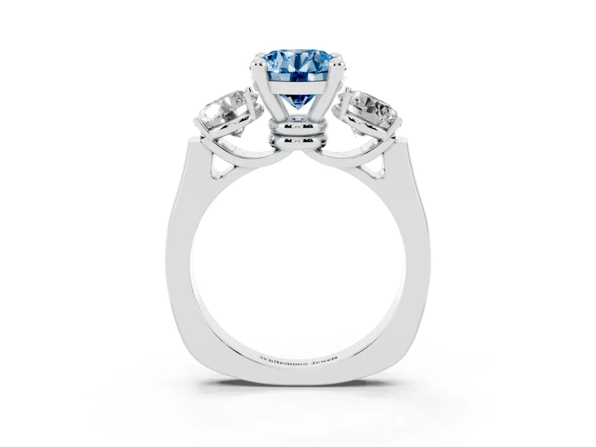Fancy Blue Three-Stone Round Cut Brilliant Diamond Trellis Ring with Comfort Fit Band White gold