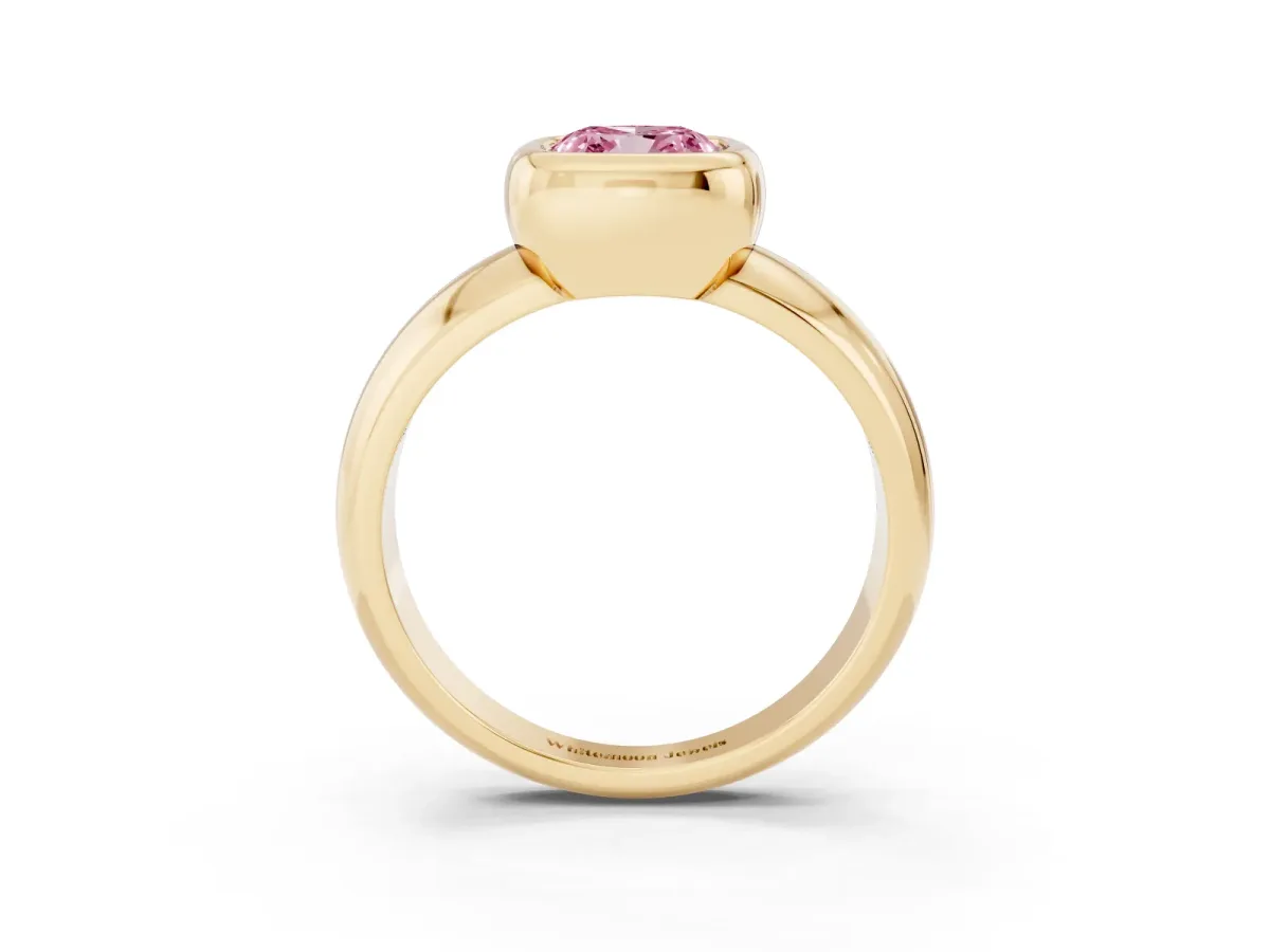 Fancy Pink Bezel Set Cushion Cut Solitaire Ring with Wide Band Yellow gold