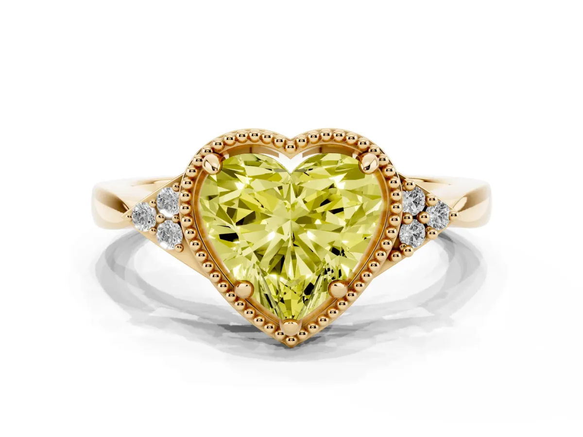 Fancy Yellow Milgrain Heart Cut Cut Diamond Ring with Tapered Pave Band and Four Prong Setting Yellow gold