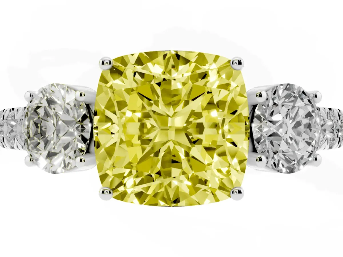 Fancy Yellow Cushion Cut Cut Diamond Three-Stone Ring with Round Side Stones and Pavé Band Silver