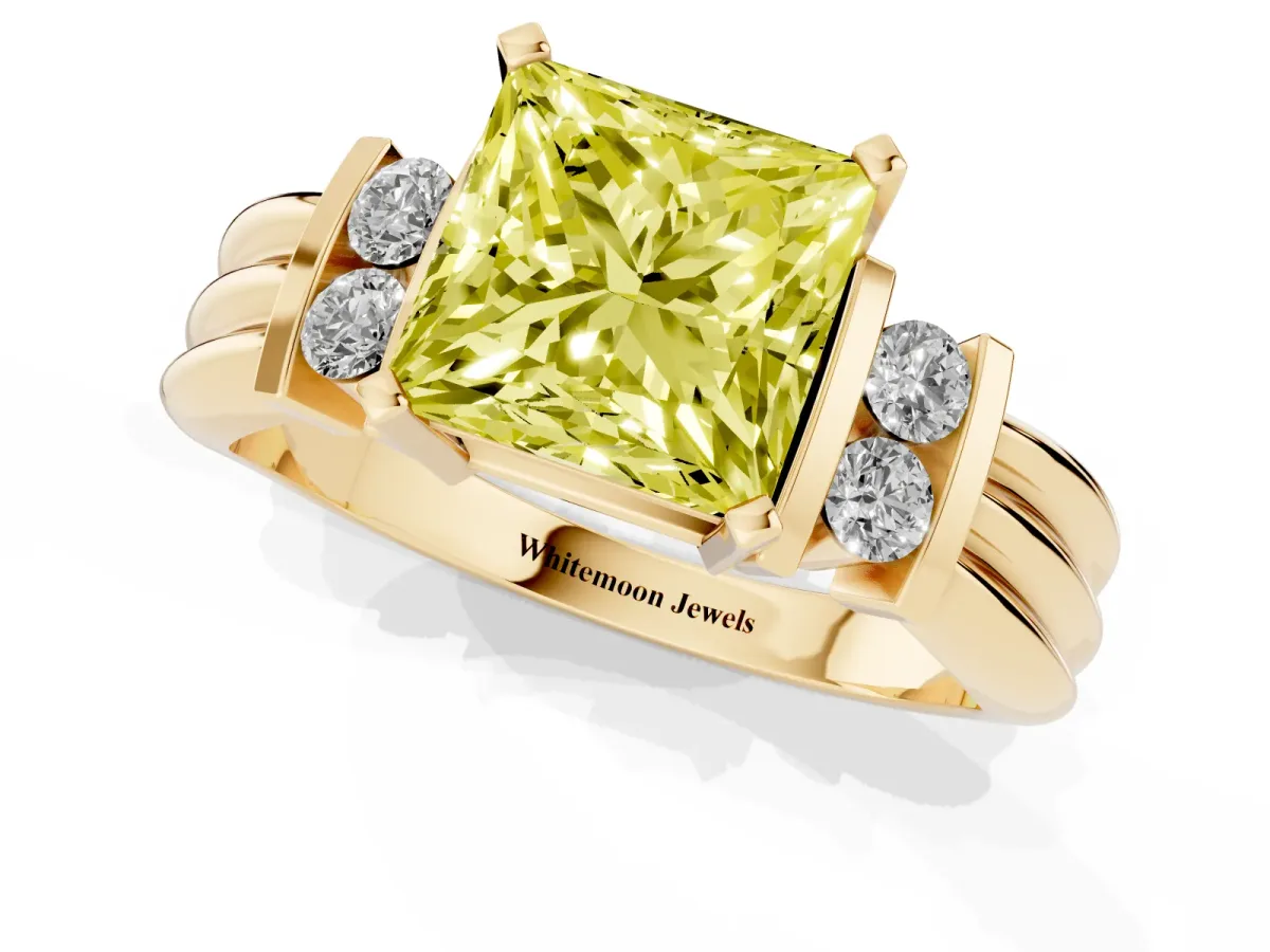 Fancy Yellow Princess Cut Cut Three-Stone Channel Set Ring with Bar Prongs Yellow gold
