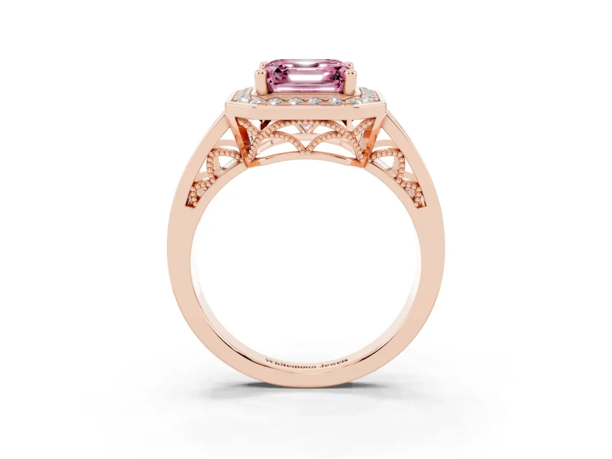 Fancy Pink Asscher Cut Diamond Halo Ring with Split Shank and Bezel Accents and Prong Setting Rose gold