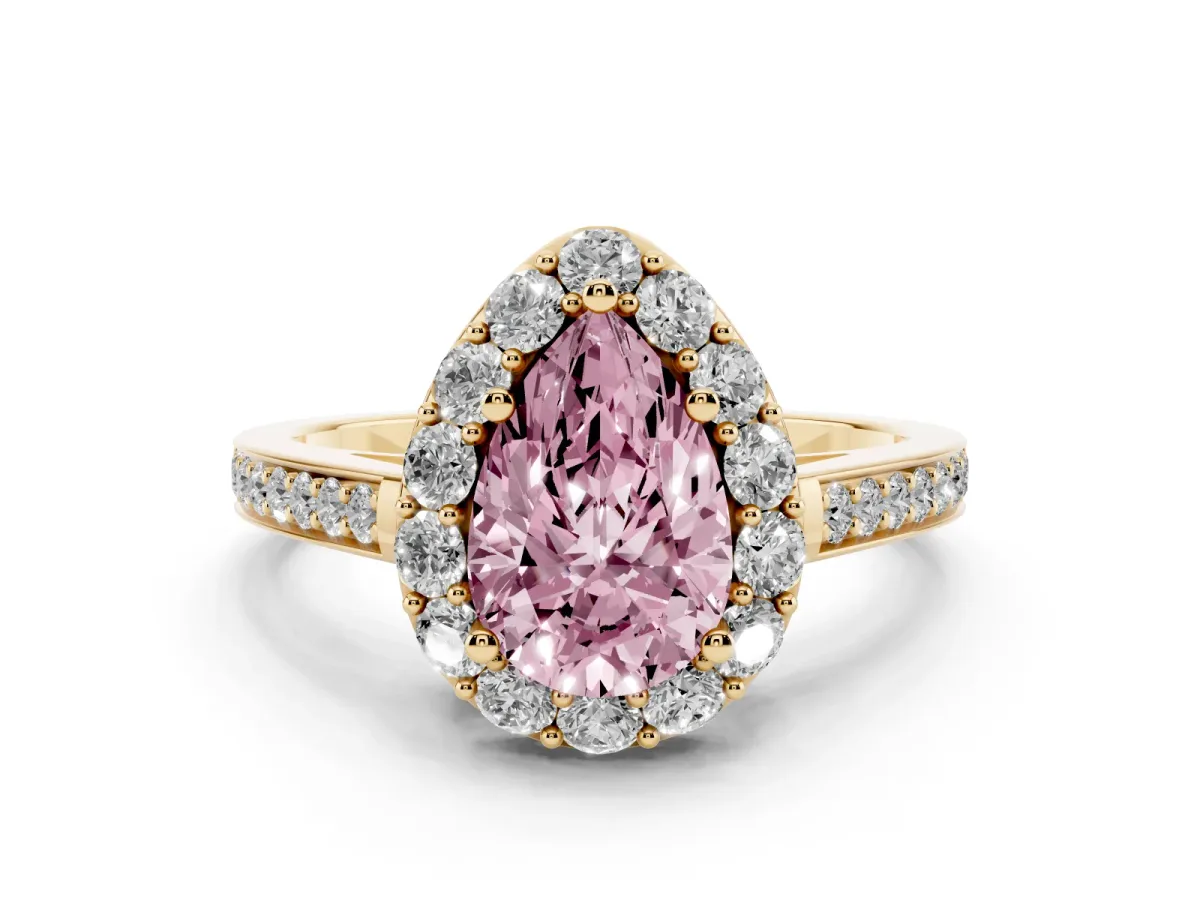 Fancy Pink Pear Cut Diamond Floral Halo Ring with Pavé Band and Prong Setting Yellow gold
